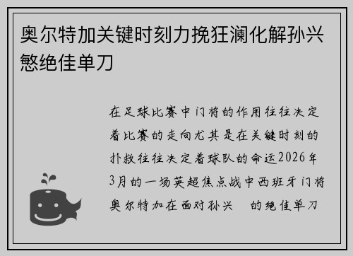 奥尔特加关键时刻力挽狂澜化解孙兴慜绝佳单刀 奥尔特加关键时刻力挽狂澜化解孙兴慜绝佳单刀