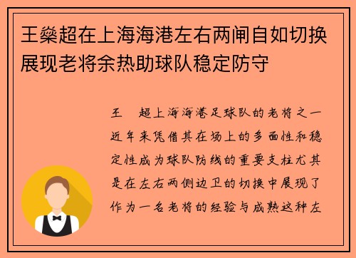 王燊超在上海海港左右两闸自如切换展现老将余热助球队稳定防守 王燊超在上海海港左右两闸自如切换展现老将余热助球队稳定防守